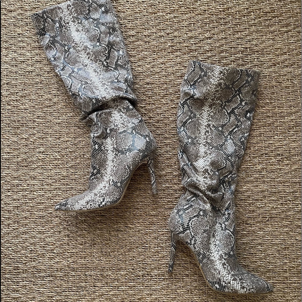 Jessica Simpson “Saferra” Slouchy Snakeskin Print Heeled Pointed Toe Boots